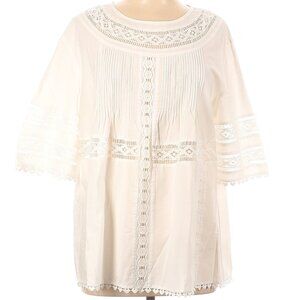 FLORYDAY White Boho Lace-Insert Pintuck Elbow Sleeve Top Size L